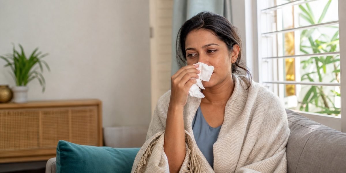 Femme se reposant chez elle avec des symptômes respiratoires à Maurice