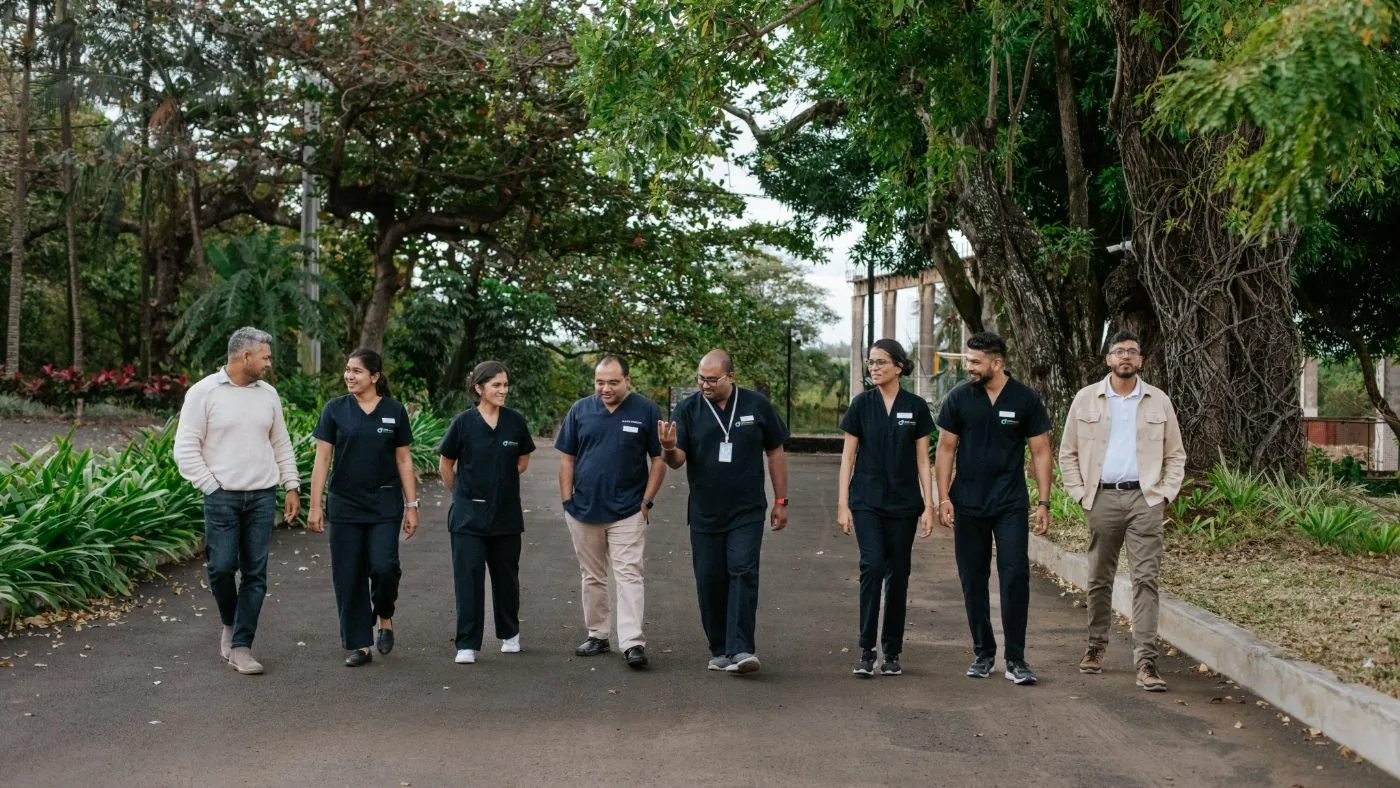 The OCS Médecins team walking together at their base in Mauritius