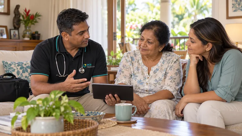 Illustration of an OCS doctor discussing care with an older woman and her daughter.