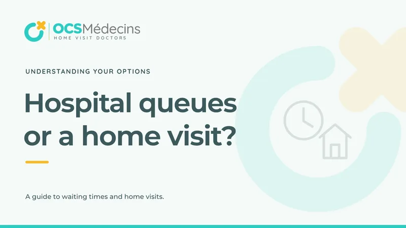 OCS branded Hospital queues or a home visit cover with a clock and house motif.