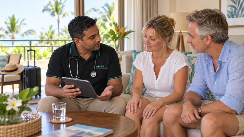 Illustration of an OCS doctor consulting a tourist couple in a hotel suite.